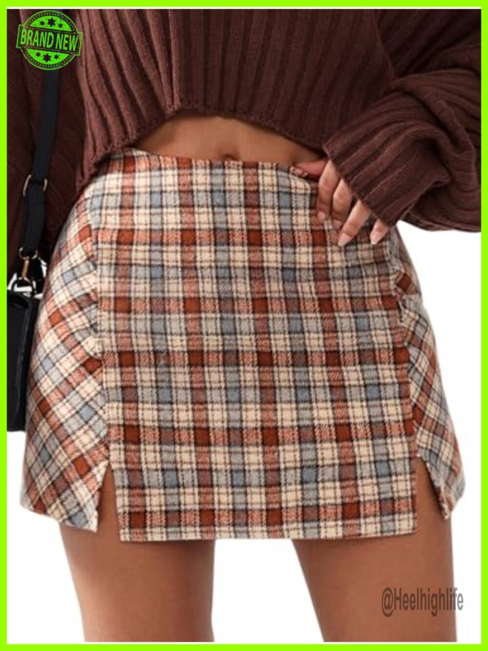 Faux Wool Plaid Mini Skirt High Waisted Bodycon Side Slit Pencil Skirt